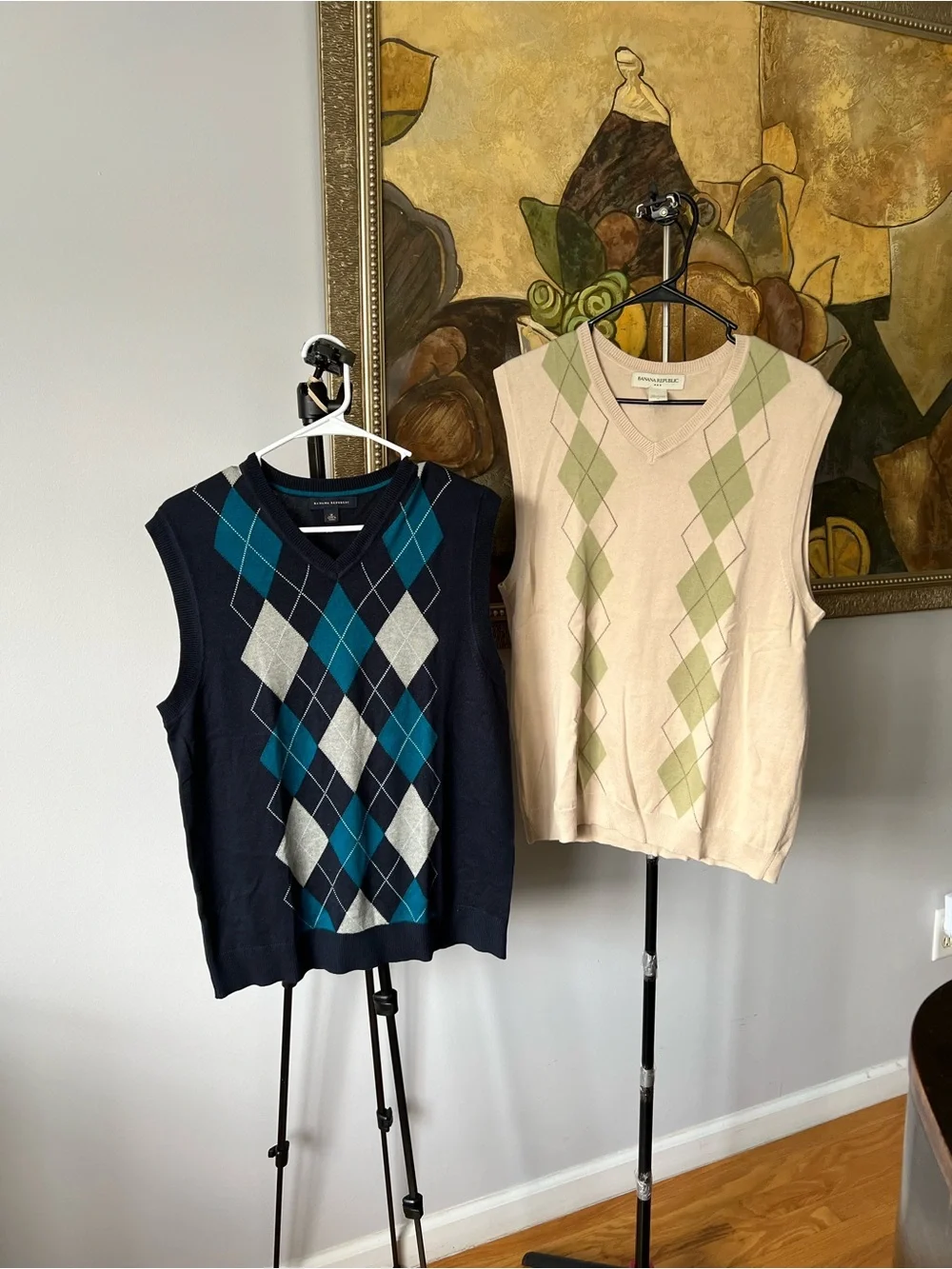 Lot of 2 Banana Republic Men Argyle Sweater Vest V-Neck 100% Cotton Medium